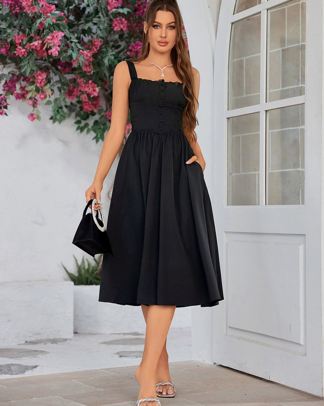 Düğme Detaylı Askılı Midi Elbise