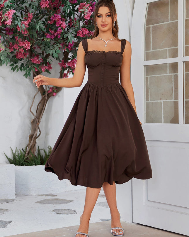 Düğme Detaylı Askılı Midi Elbise