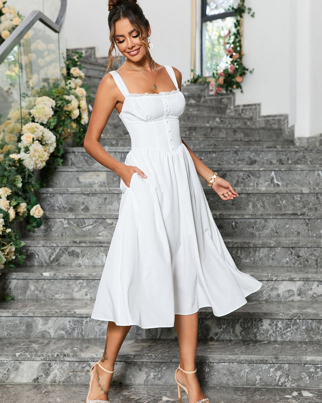 Düğme Detaylı Askılı Midi Elbise