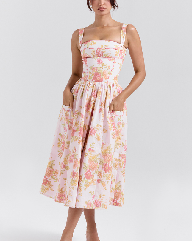 Cybèle Şeftali Gelincik Desenli Midi Elbise