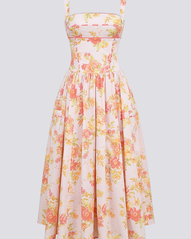 Cybèle Şeftali Gelincik Desenli Midi Elbise