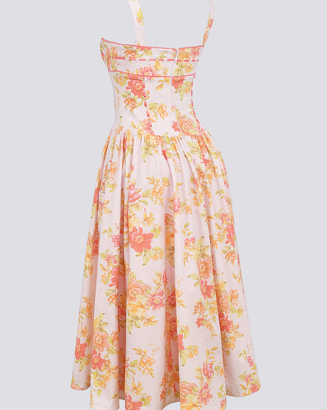 Cybèle Şeftali Gelincik Desenli Midi Elbise