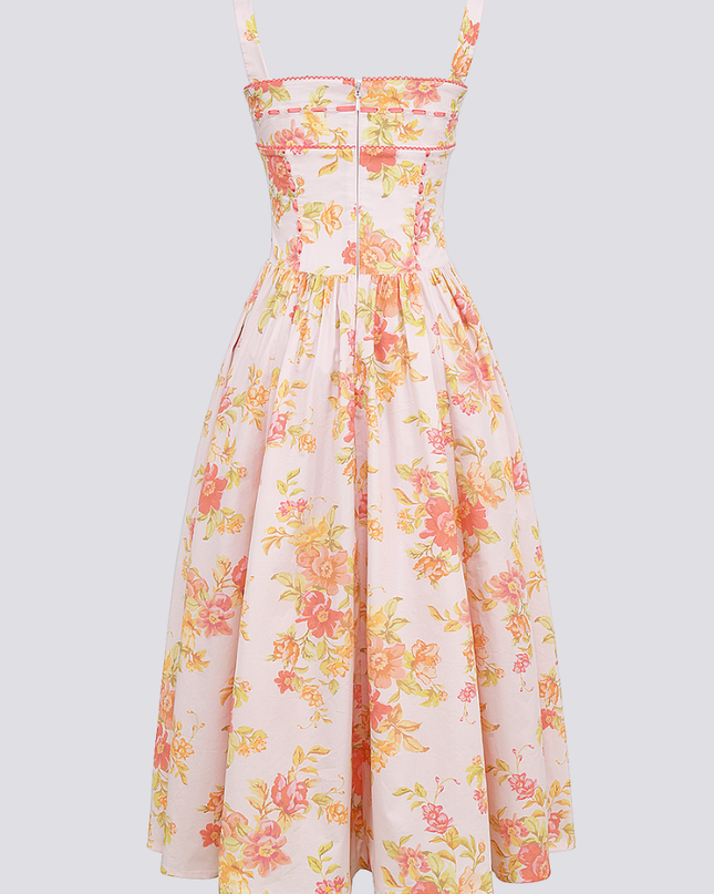 Cybèle Şeftali Gelincik Desenli Midi Elbise