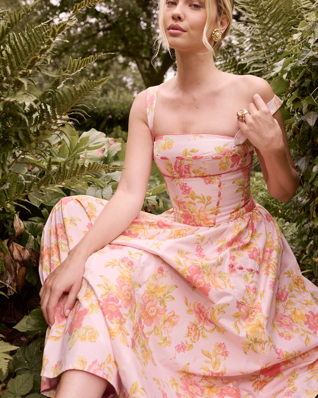 Cybèle Şeftali Gelincik Desenli Midi Elbise