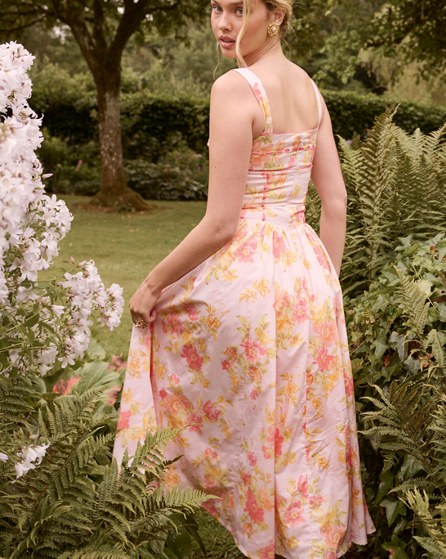 Cybèle Şeftali Gelincik Desenli Midi Elbise