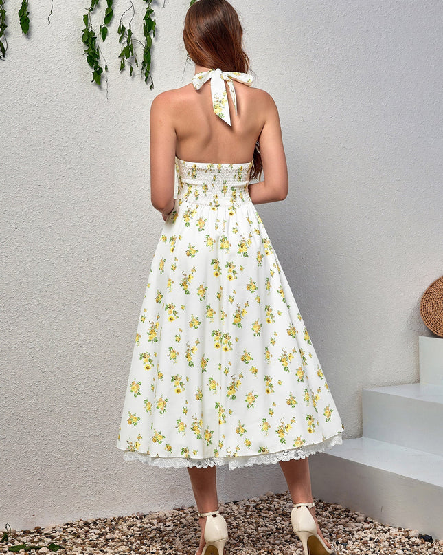 Dantel Detaylı Derin V Yaka Halter Çiçek Desenli Elbise