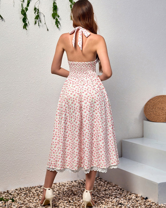 Dantel Detaylı Derin V Yaka Halter Çiçek Desenli Elbise