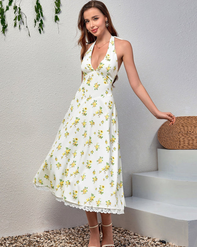 Dantel Detaylı Derin V Yaka Halter Çiçek Desenli Elbise