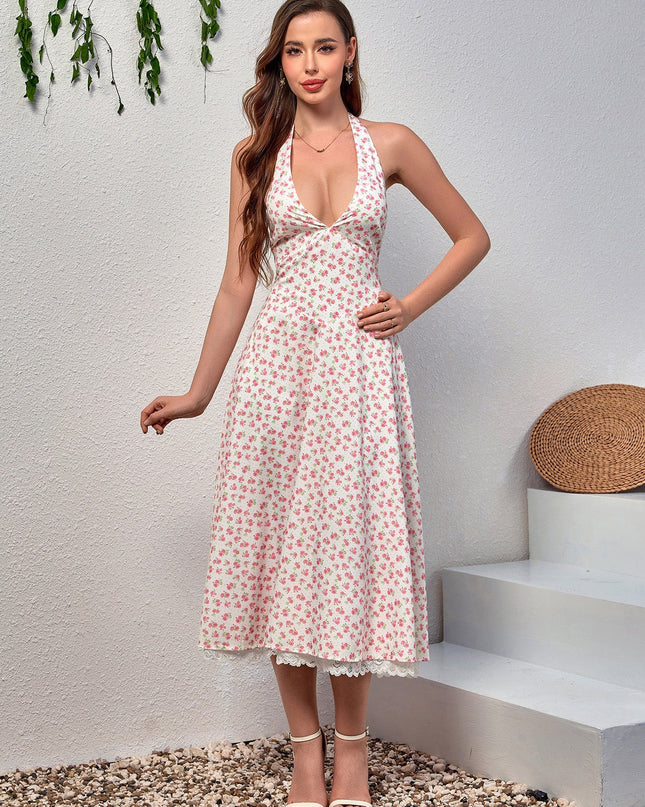 Dantel Detaylı Derin V Yaka Halter Çiçek Desenli Elbise