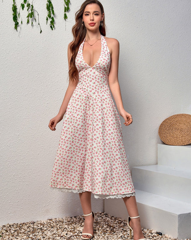 Dantel Detaylı Derin V Yaka Halter Çiçek Desenli Elbise