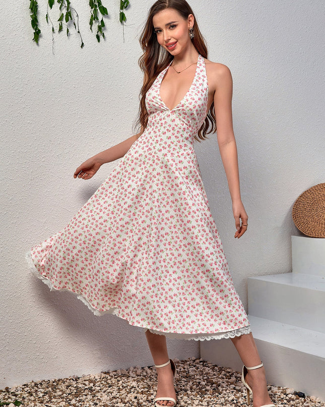Dantel Detaylı Derin V Yaka Halter Çiçek Desenli Elbise
