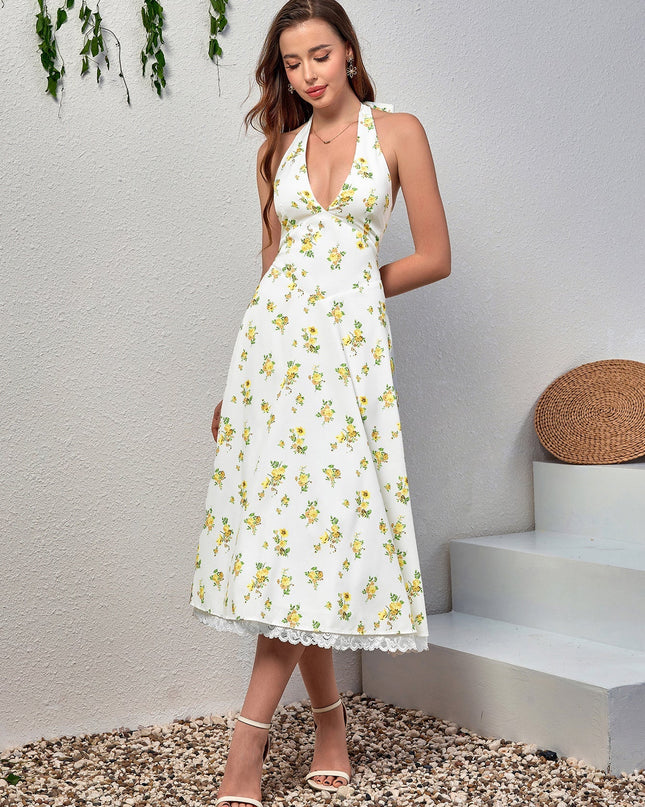 Dantel Detaylı Derin V Yaka Halter Çiçek Desenli Elbise