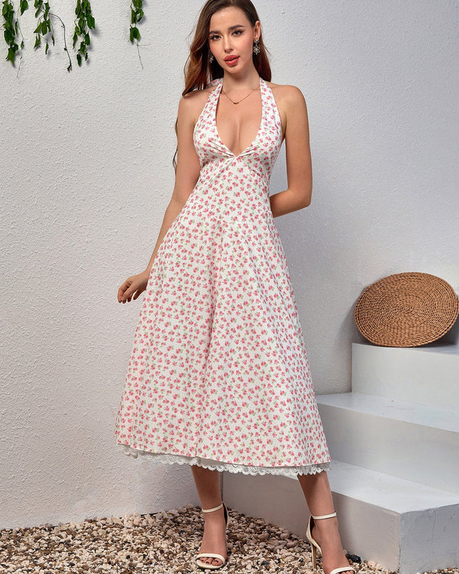 Dantel Detaylı Derin V Yaka Halter Çiçek Desenli Elbise