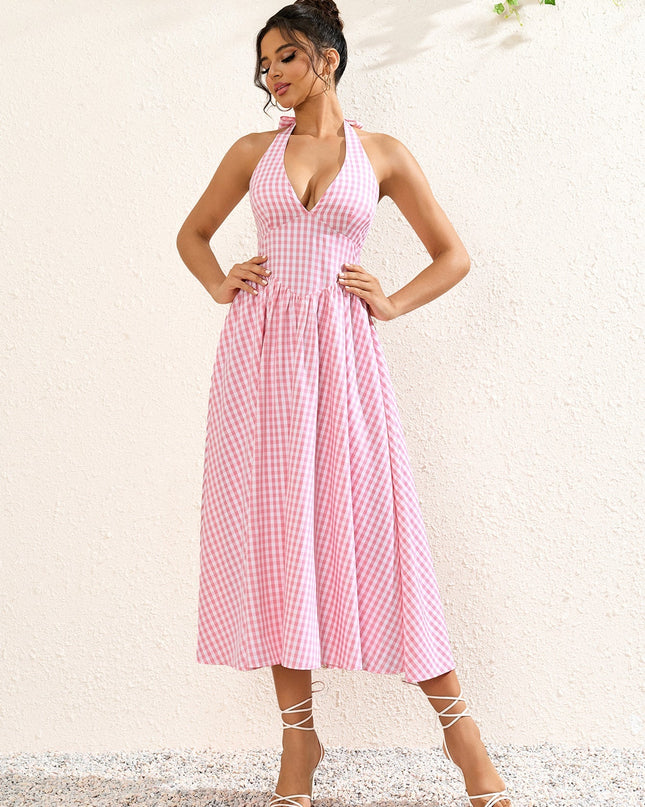 V Yaka Kareli Halter Maxi Elbise