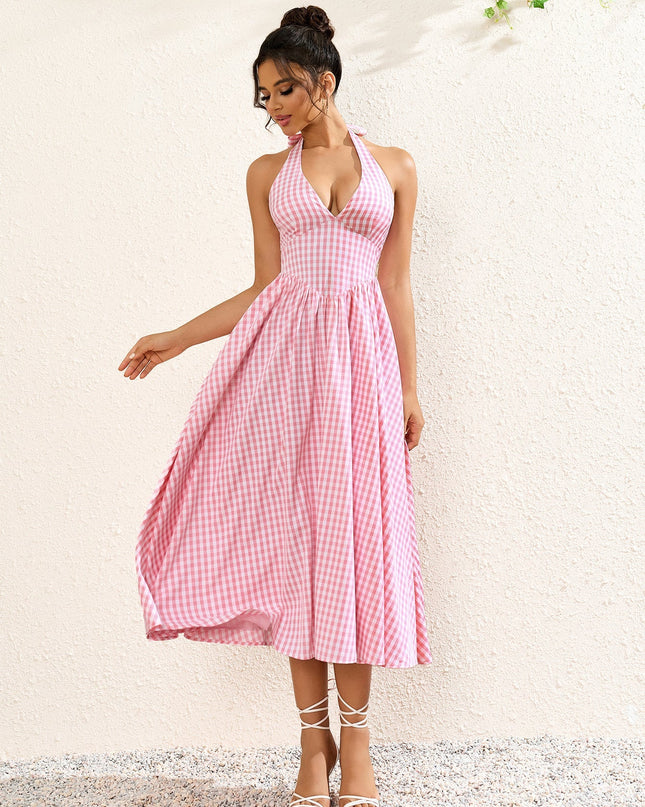 V Yaka Kareli Halter Maxi Elbise