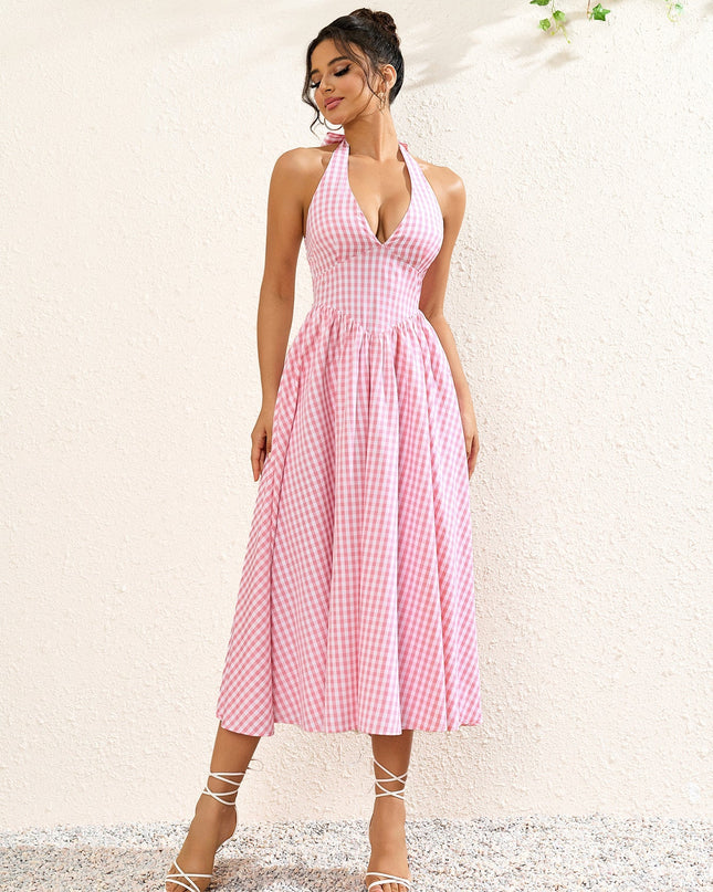 V Yaka Kareli Halter Maxi Elbise