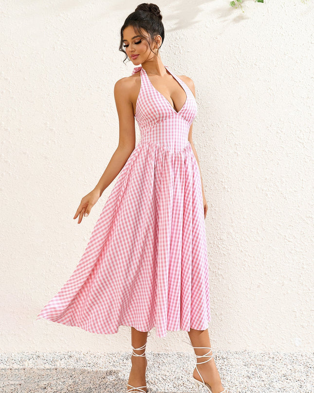 V Yaka Kareli Halter Maxi Elbise