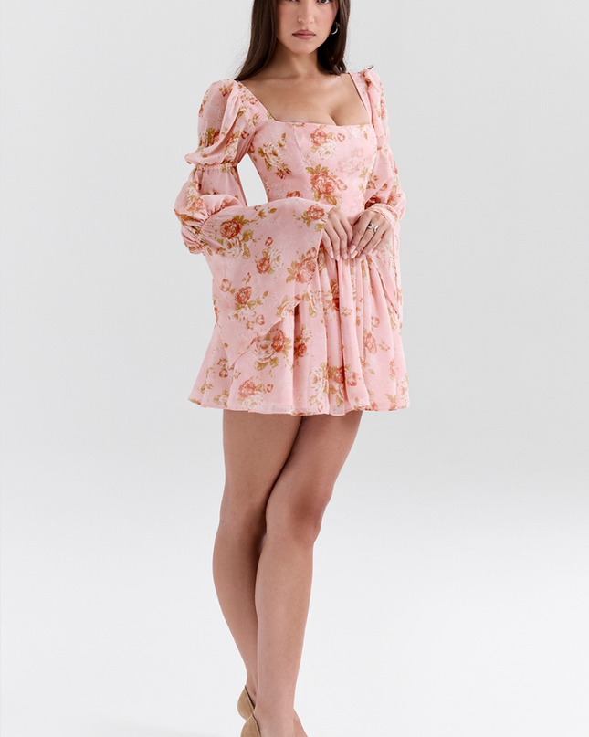 Divine Floral Kare Yaka Mini Elbise