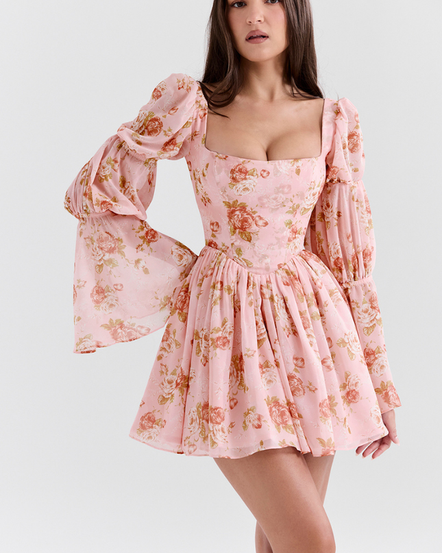 Divine Floral Kare Yaka Mini Elbise