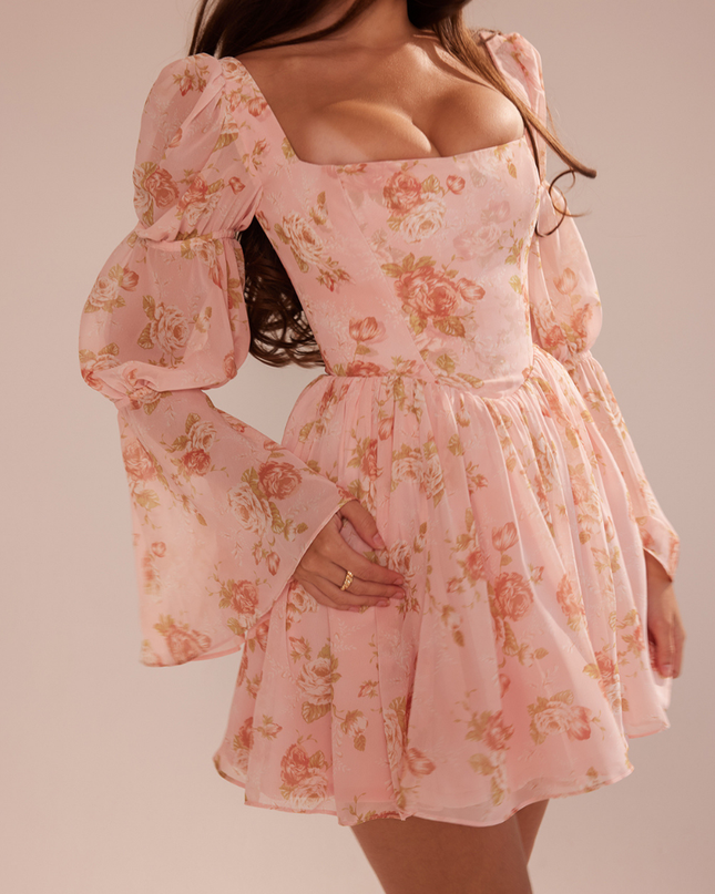 Divine Floral Kare Yaka Mini Elbise