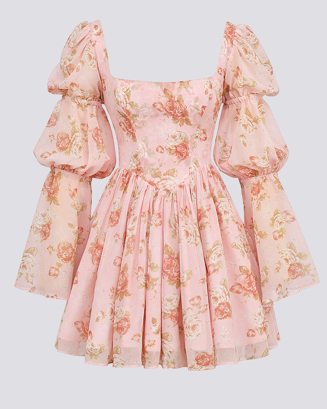 Divine Floral Kare Yaka Mini Elbise