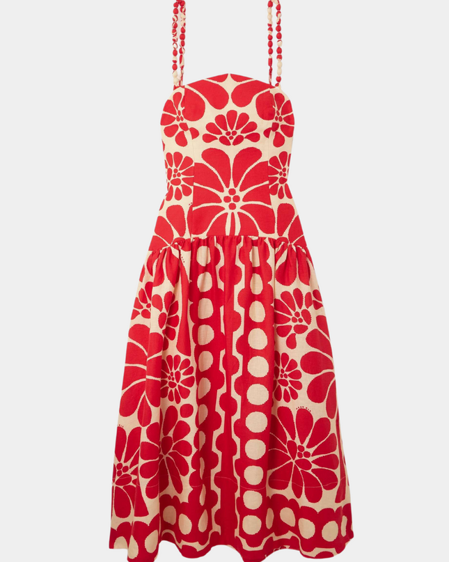 Élisabeth Floral Spagetti Uzun Elbise Kırmızı