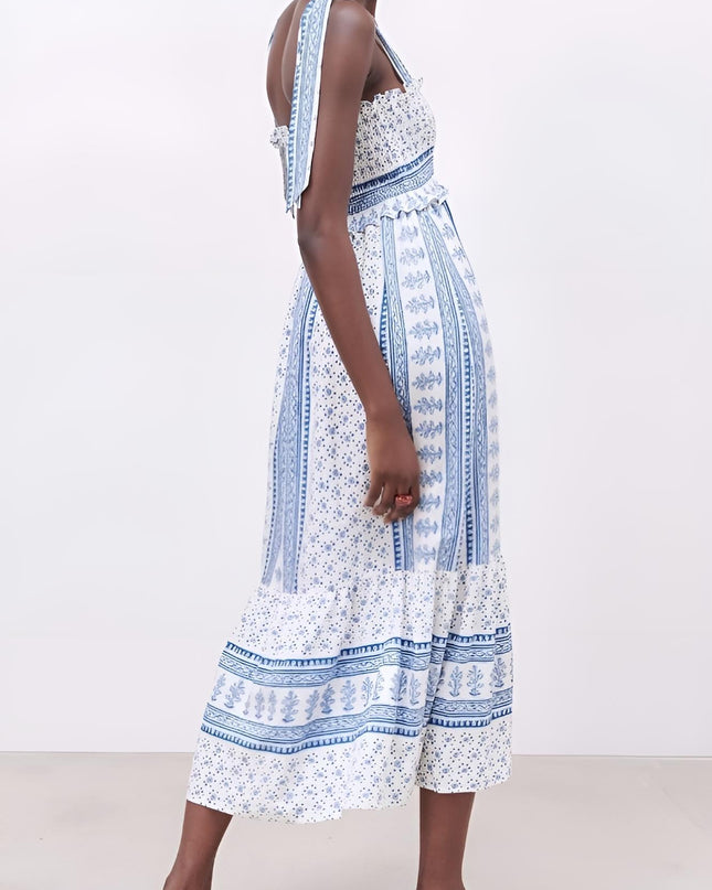 Helga Baskılı Büzgülü Askılı Midi Elbise