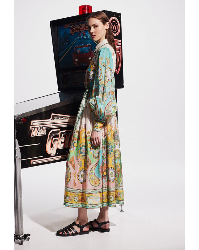 Soleia Uzun Desenli Kuşaklı Elbise