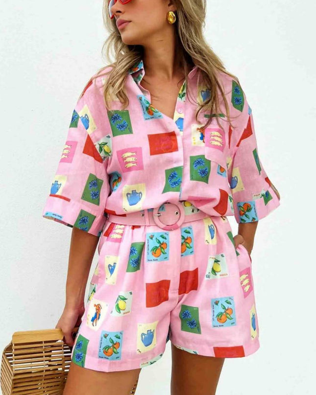 Şort Takım - Pembe Pul Desenli