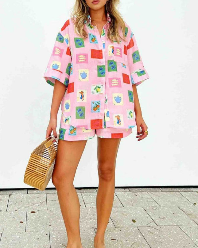 Şort Takım - Pembe Pul Desenli