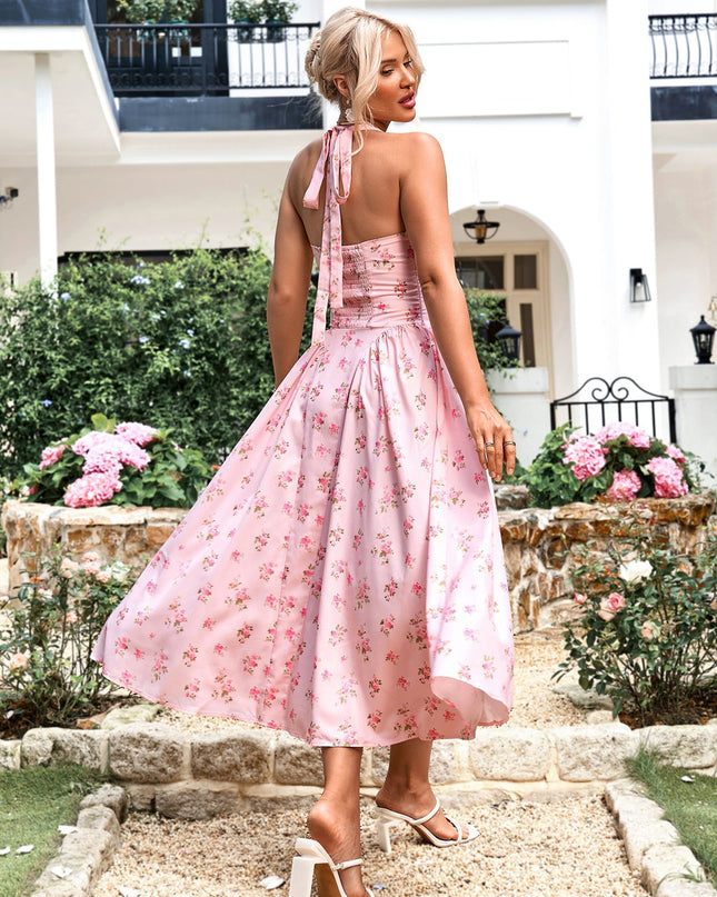 Dantel Detaylı Derin V Yaka Halter Çiçek Desenli Elbise