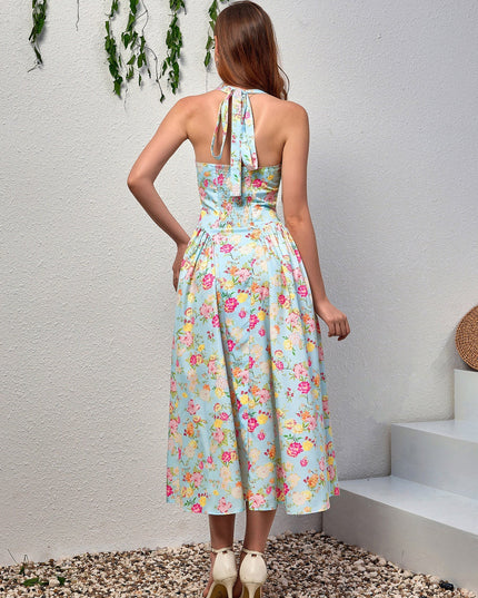 Dantel Detaylı Derin V Yaka Halter Çiçek Desenli Elbise