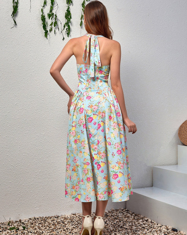 Dantel Detaylı Derin V Yaka Halter Çiçek Desenli Elbise