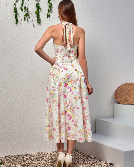 Dantel Detaylı Derin V Yaka Halter Çiçek Desenli Elbise