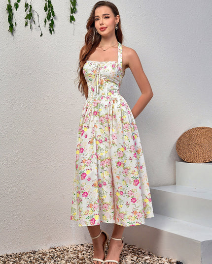 Dantel Detaylı Derin V Yaka Halter Çiçek Desenli Elbise