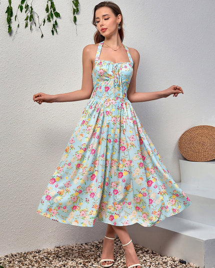 Dantel Detaylı Derin V Yaka Halter Çiçek Desenli Elbise