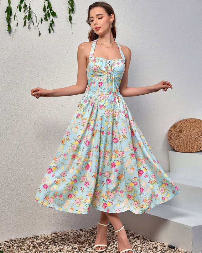 Dantel Detaylı Derin V Yaka Halter Çiçek Desenli Elbise