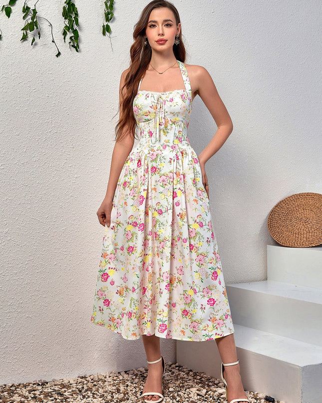 Dantel Detaylı Derin V Yaka Halter Çiçek Desenli Elbise