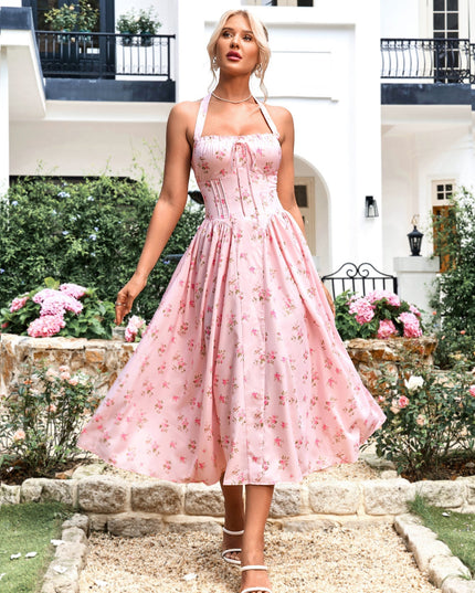 Dantel Detaylı Derin V Yaka Halter Çiçek Desenli Elbise