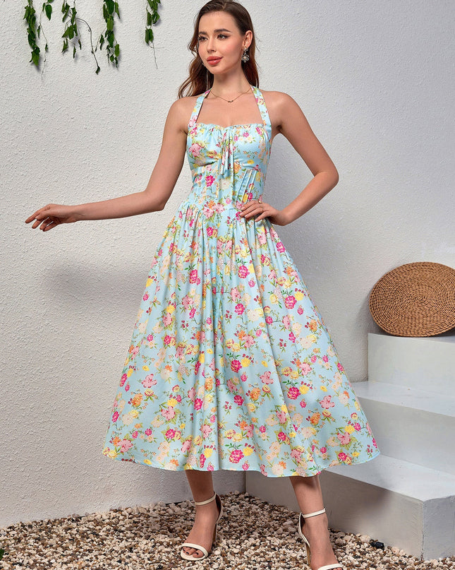Dantel Detaylı Derin V Yaka Halter Çiçek Desenli Elbise