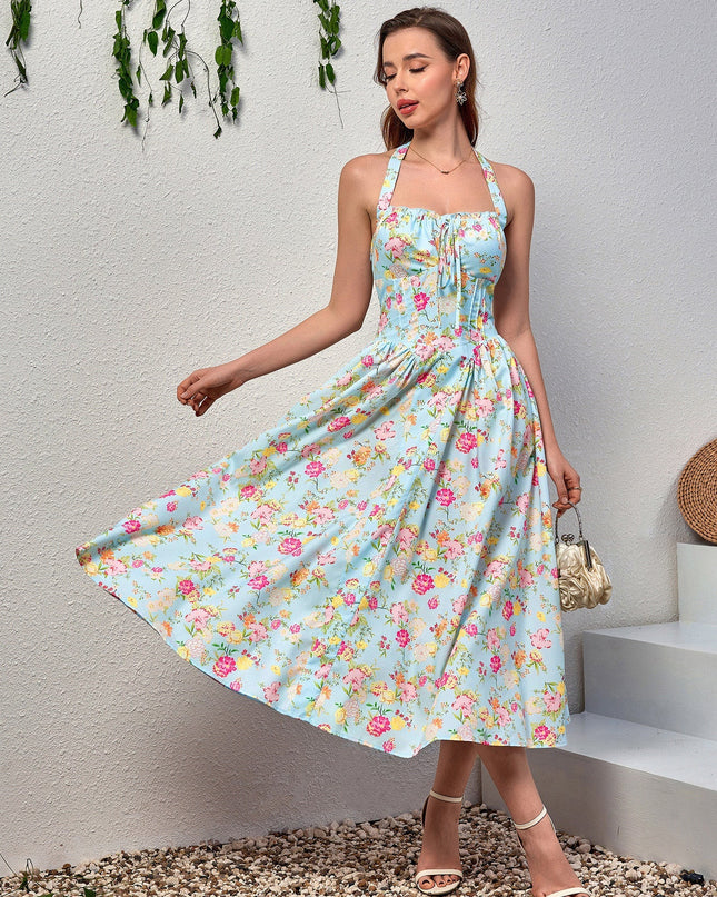 Dantel Detaylı Derin V Yaka Halter Çiçek Desenli Elbise