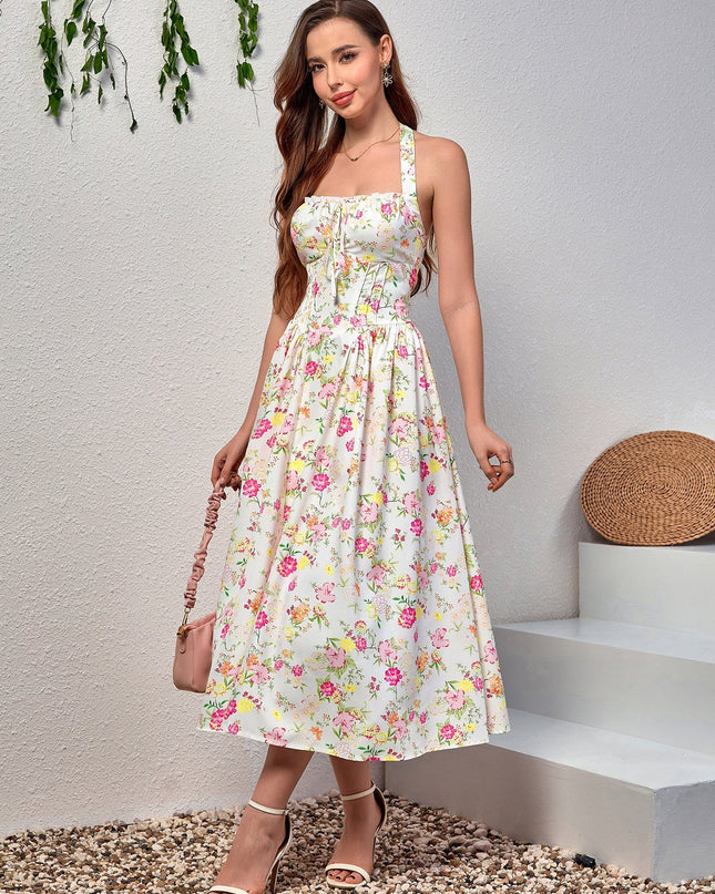 Dantel Detaylı Derin V Yaka Halter Çiçek Desenli Elbise