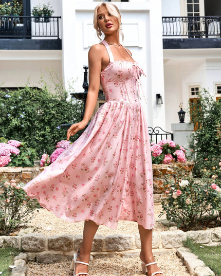 Dantel Detaylı Derin V Yaka Halter Çiçek Desenli Elbise