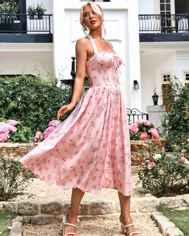 Dantel Detaylı Derin V Yaka Halter Çiçek Desenli Elbise