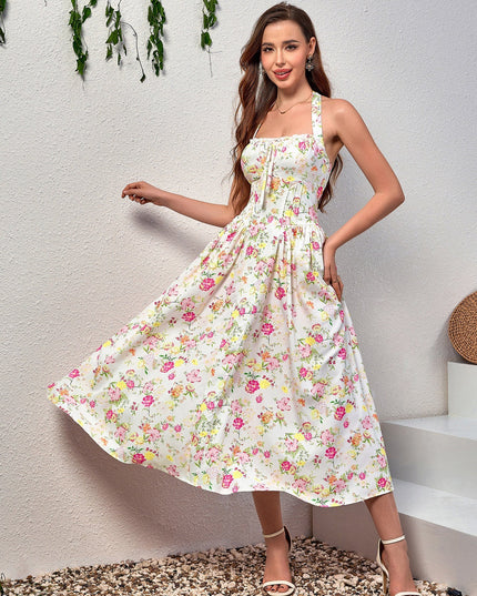 Dantel Detaylı Derin V Yaka Halter Çiçek Desenli Elbise