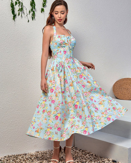 Dantel Detaylı Derin V Yaka Halter Çiçek Desenli Elbise