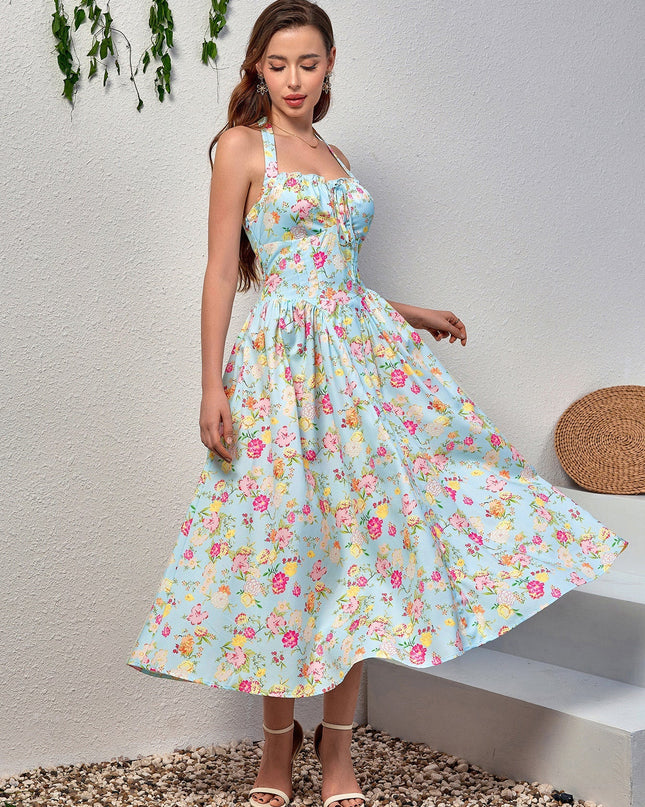 Dantel Detaylı Derin V Yaka Halter Çiçek Desenli Elbise