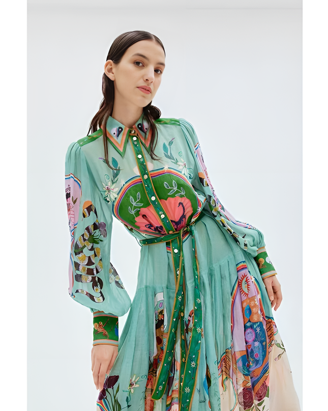 Marisela İllüstratif Desenli Kuşaklı Gömlek Elbise