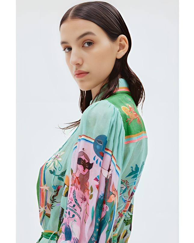 Marisela İllüstratif Desenli Kuşaklı Gömlek Elbise