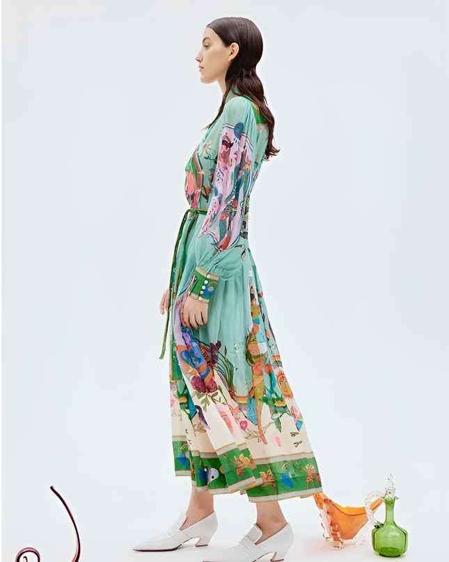 Marisela İllüstratif Desenli Kuşaklı Gömlek Elbise